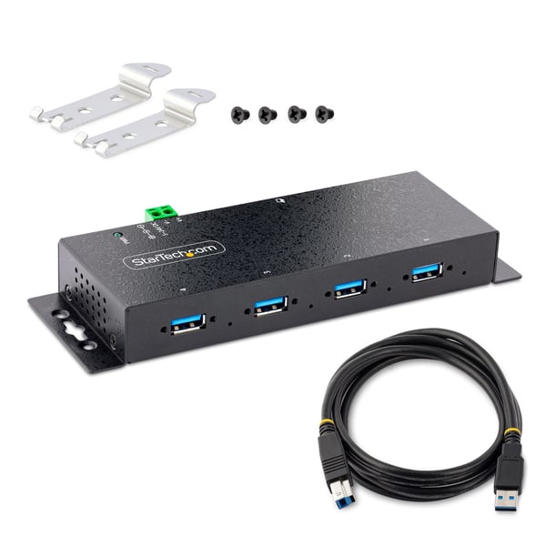StarTech.com Industriell USB 3.0 5 Gbps-hubb med 4 portar. Robust USB-hubb med ESD- och överspänningsskydd. DIN-, vägg- eller skrivbordsmonterbar USB-A-hubb. USB-expander med låsbara portar, kraftig