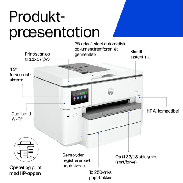 HP OfficeJet Pro 9730e Trådløst All-in-One Farve Printer, Instant Ink; 2-sidet printning