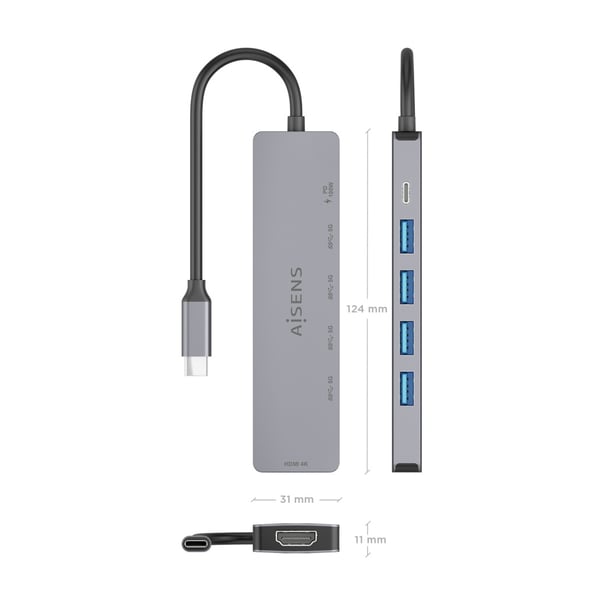 AISENS ASUC-6P047-GR kannettavien tietokoneiden telakka ja porttitoistin Langallinen USB 3.2 Gen 1 (3.1 Gen 1) Type-C Harmaa