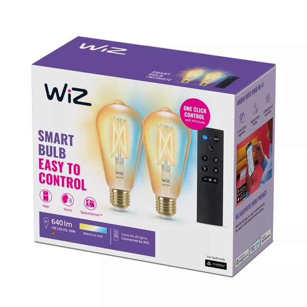 WiZ Filamentljuskälla bärnstensgul 50 W ST64 E27 × 2 + fjärrkontroll