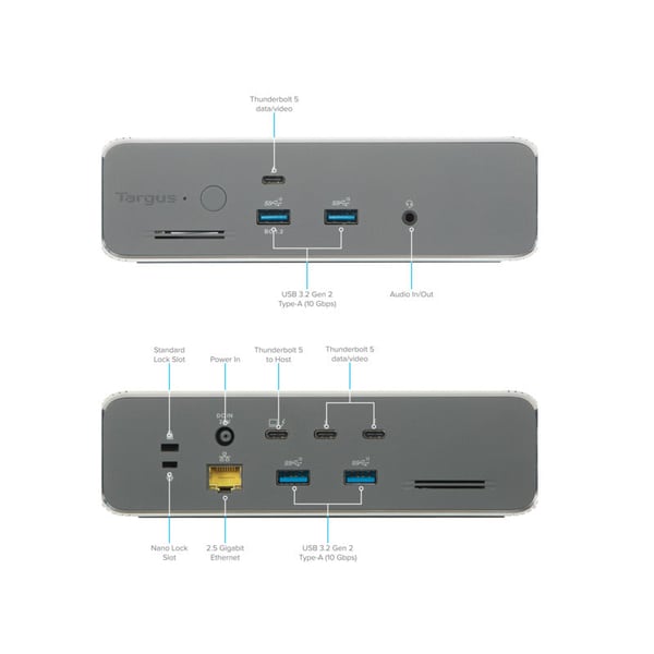 Targus DOCK230EUZ kannettavien tietokoneiden telakka ja porttitoistin Langallinen Thunderbolt 5 Hopea