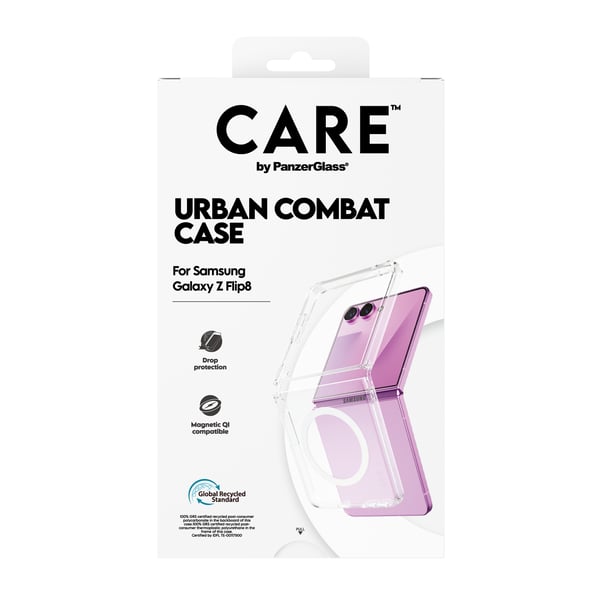 PanzerGlass CARE™ by ® Urban Combat Case Transparent w. White Qi Samsung Galaxy Z Flip7 | Z Flip8 mobiltelefonfodral Mobilskal