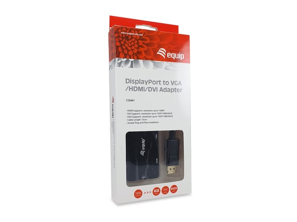 Equip 133441 videokaapeli-adapteri 0,24 m DisplayPort DVI-D + VGA (D-Sub) + HDMI Musta