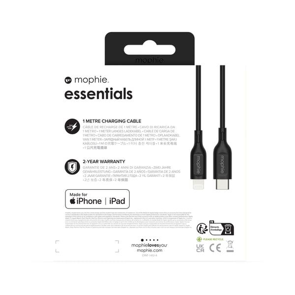 mophie essentials Lightning to USB-C | charging cable 1M Sort