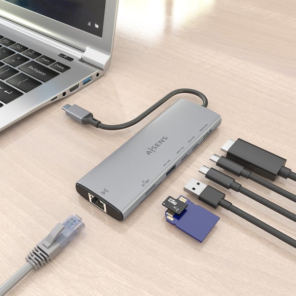 AISENS ASUC-7P032-GR kannettavien tietokoneiden telakka ja porttitoistin Langallinen USB 3.2 Gen 1 (3.1 Gen 1) Type-C Harmaa