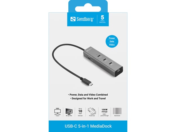 Sandberg 136-78 kannettavien tietokoneiden telakka ja porttitoistin Langallinen USB 3.2 Gen 2 (3.1 Gen 2) Type-C Harmaa