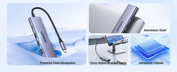 Ugreen 20956A keskitin USB Type-C 5000 Mbit/s Hopea