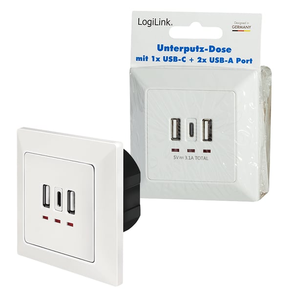 LogiLink PA0254 pistorasia 2 x USB A + 1 x USB C Valkoinen