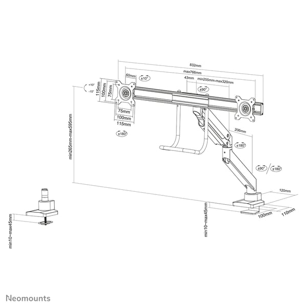 Neomounts NM-D775DXBLACK fäste och ställ till bildskärm 81,3 cm (32") Bord Svart