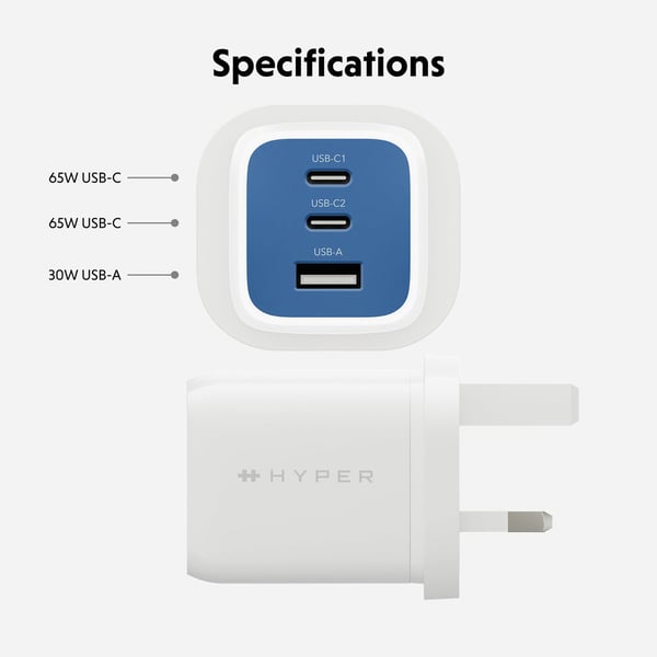 Targus HyperJuice Flex 65W GaN Kannettava tietokone, Älypuhelin, Kuulokkeet, Kannettava pelikonsoli Sininen, Valkoinen AC Sisätila