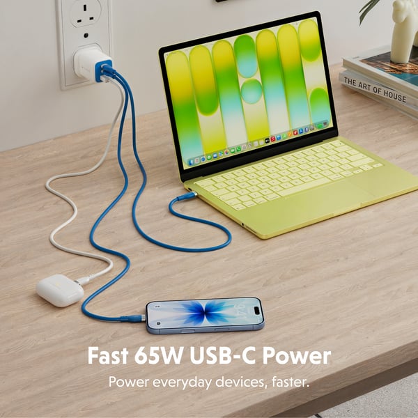 Targus HyperJuice Flex 65W GaN Kannettava tietokone, Älypuhelin, Kuulokkeet, Kannettava pelikonsoli Sininen, Valkoinen AC Sisätila