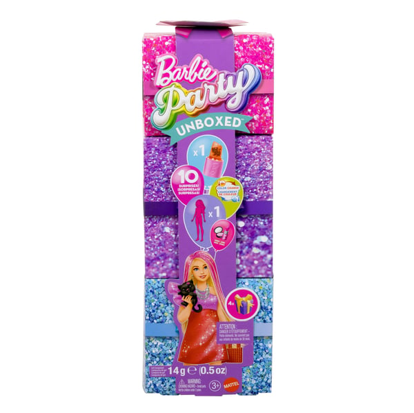 Barbie Red Sparkle-dukke i Party Unboxed Glam Party-serien med tilbehør og 10 overraskelser