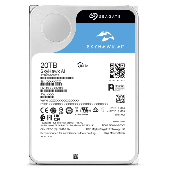 Seagate SkyHawk AI interna hårddiskar 20 TB 7200 RPM 512 MB 3.5" Serial ATA III
