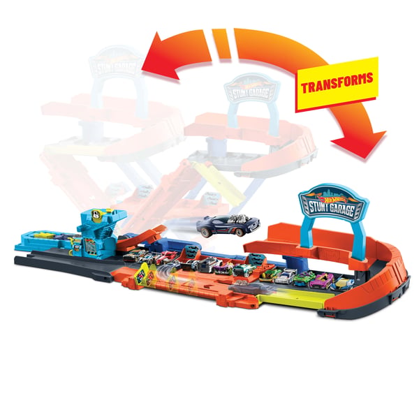 Hot Wheels City -legesæt med transformerende stuntgarage og metalstøbt legetøjsbil i størrelsesforholdet 1:64 med hop