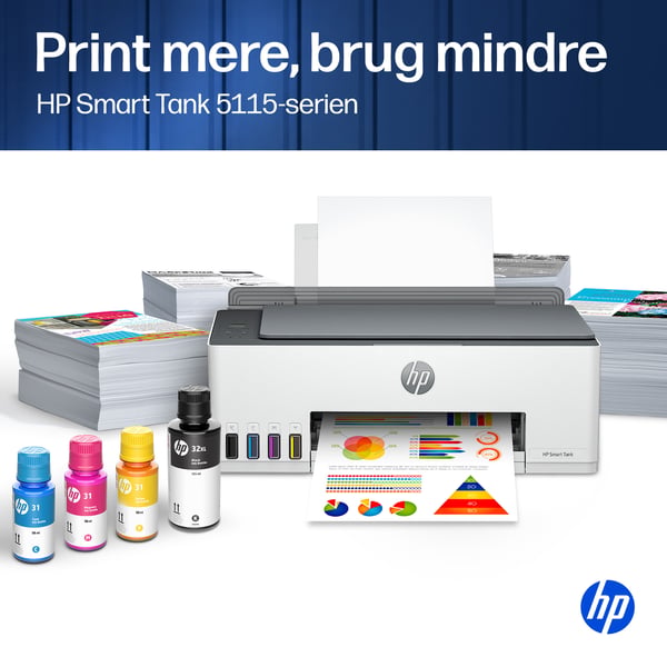 HP Smart Tank 5115 Trådløst All-in-One Farve Printer, Up to 2 Years of ink included; Two-sided printing; Copier, Scanner