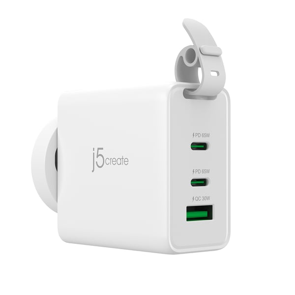 j5create 65W GaN USB-C 3-portars reseladdare med utbytbara AC-kontakter och USB-C-kabel