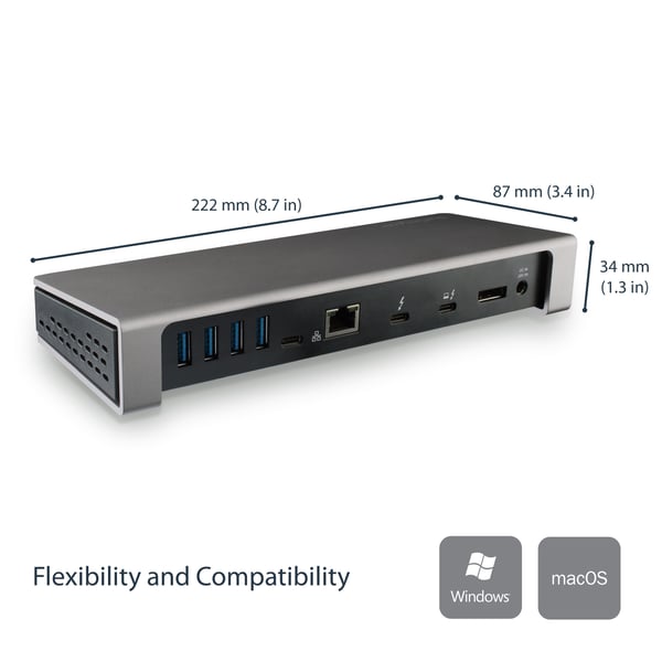 StarTech.com Thunderbolt 3-dockningsstation - TB3-dockningsstation med DisplayPort till bärbara datorer för 60 Hz dubbla 4K-skärmar - Laddning med 85 W strömförsörjning - 6-ports USB 3.0-hubb, SD 4.0, GbE, Audio - Windows och Mac