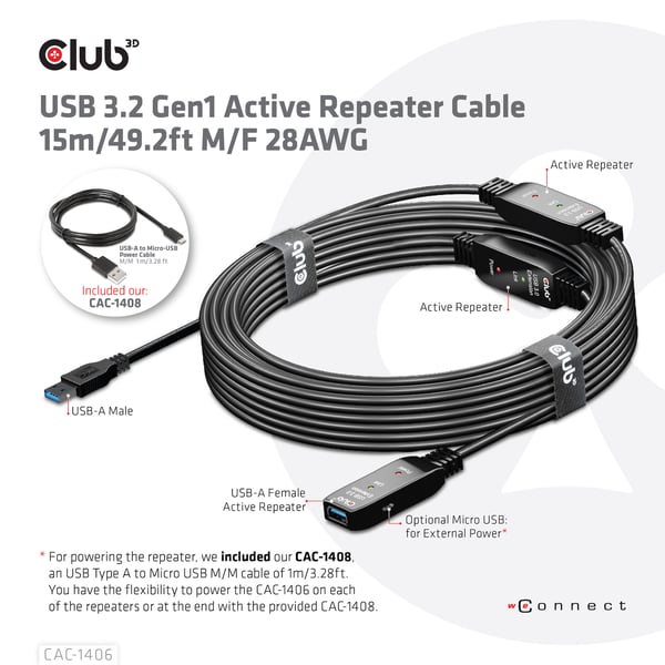 CLUB3D CAC-1406 USB-kablar USB 3.2 Gen 1 (3.1 Gen 1) 15 m USB A 5 Gbit/s Svart