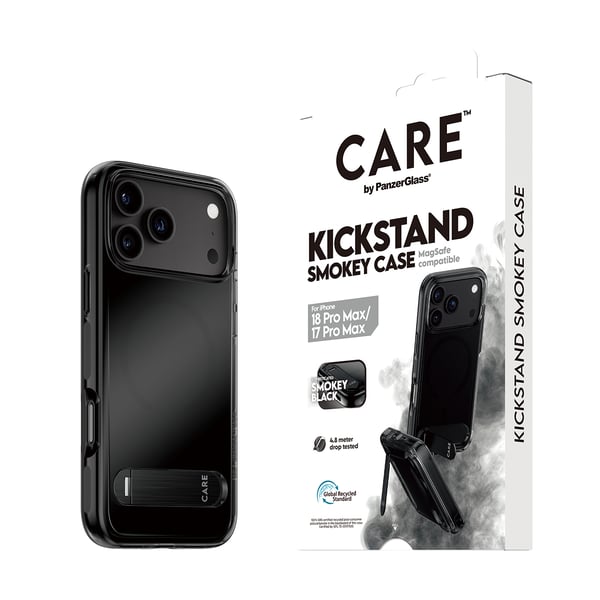 PanzerGlass CARE™ by ® Kickstand Case Smokey m. Sort MagSafe iPhone 18 Pro Max | 17 Pro Max