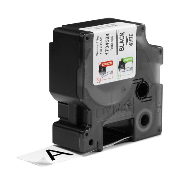 DYMO Rhino industrielle fleksible nylonetiketter | 24 mm x 3,5 m | Sort tekst på hvid | Selvklæbende | til LabelManager & Rhino labelmaskiner