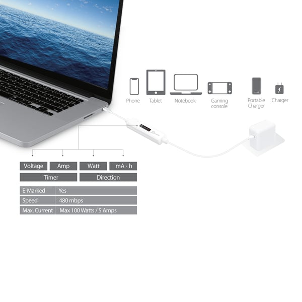 j5create JUCP14-N USB-C™ 2.0 - USB-C™ -kaapeli dynaamisella OLED-virtamittarilla