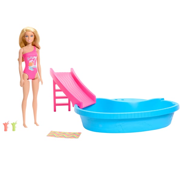 Barbie Barbie-legesæt med dukke og pool, lyshåret dukke med pool, rutsjebane, håndklæde og legetøjsdrikke