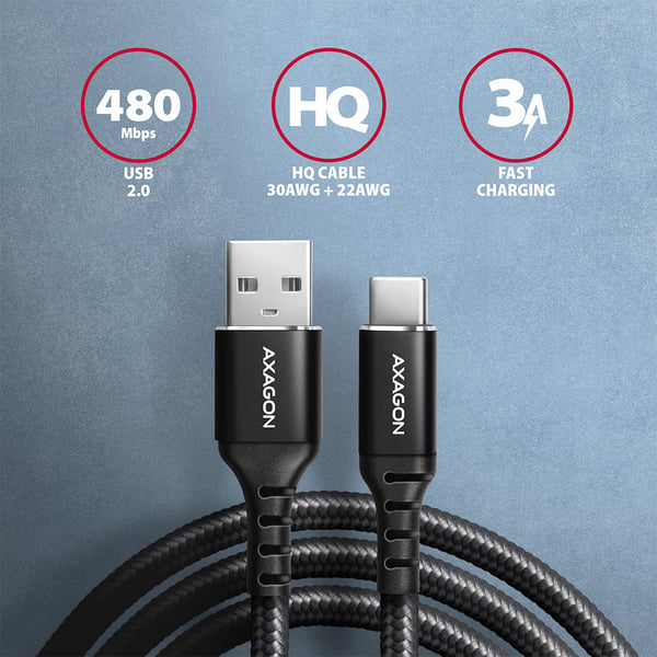 Axagon BUCM-AM20AB USB-kablar USB 2.0 2 m USB A USB C 0,48 Gbit/s Svart