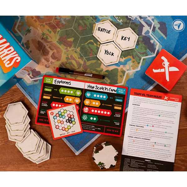 Asmodee Landmarks Landmarks is a word game of hidden paths and clever clues. Your party is lost deep in an island jungle, relying on you to guide them to safety and treasure! In this jungle, every word matters. Use strategic wordplay to send a chain of one-word clues. The connections between them will create a path leading to fortune and glory. Brætspil