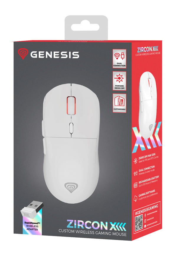 GENESIS Zircon XIII hiiri Pelaaminen Molempikätinen RF Wireless + USB Type-C Optinen 26000 DPI