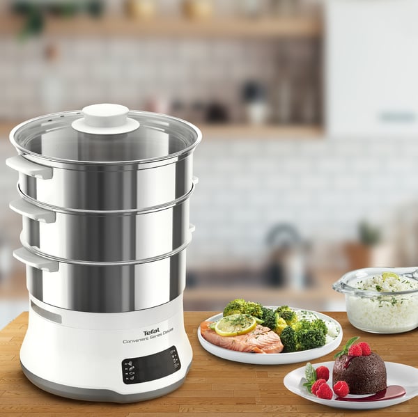 Tefal Convenient Series Deluxe VC502D höyrykeitin 3 kori(a) Pöytämalli 900 W Ruostumaton teräs, Valkoinen