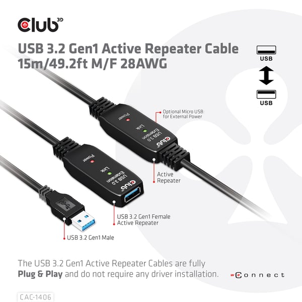 CLUB3D CAC-1406 USB-kablar USB 3.2 Gen 1 (3.1 Gen 1) 15 m USB A 5 Gbit/s Svart
