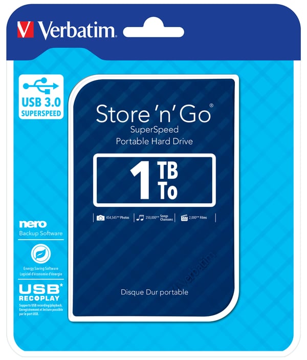 Verbatim Store 'n' Go ekstern harddisk 1 TB 5400 rpm 2.5" Micro-USB B 3.2 Gen 1 (3.1 Gen 1) Blå