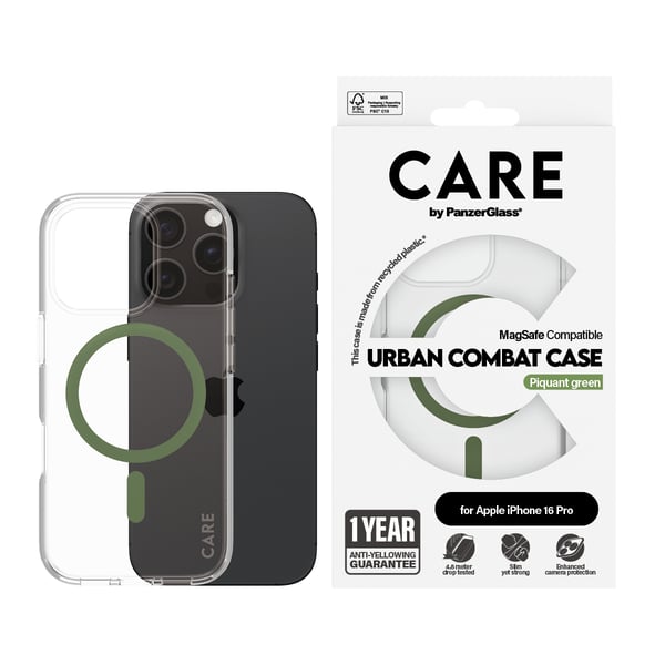PanzerGlass CARE™ by ® Urban Combat Case Transparent m. Grøn MagSafe iPhone 16 Pro