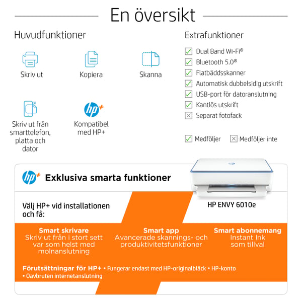 HP ENVY 6010e Trådlöst All-in-One Färg Skrivare, Instant Ink; Kopiator och skanner