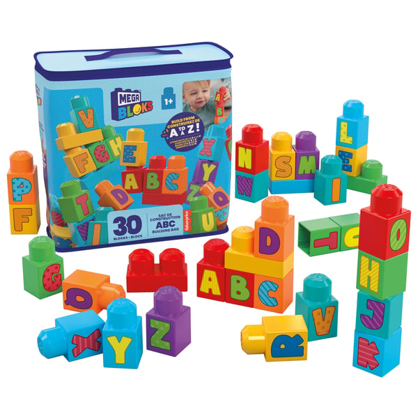MEGA BLOKS Fisher-Price ABC-byggklossar med förvaringsväska (30 delar) för barn