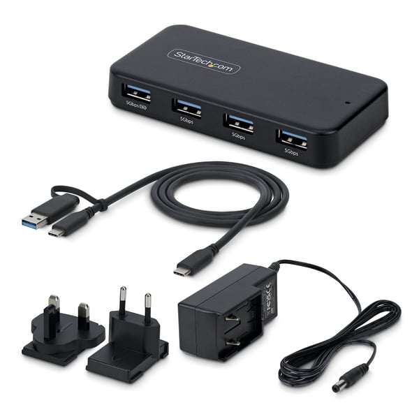 StarTech.com 4-portars USB-A-hubb, 5 Gbps, självförsörjande, 2-i-1 USB-C- och USB-A-värdkabel, 1x BC 1.2-laddningsport, 24 W strömadapter ingår, MacBook och Windows