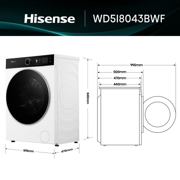 Hisense WD5I8043BWF kuivaava pyykinpesukone Vapaasti seisova Edestä täytettävä Valkoinen