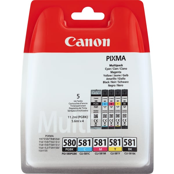 Canon PGI-580/CL-581 blækpatron 5 stk Original Standard udbytte Sort, Blå, Magenta, Gul Canon PGI-580/CL-581 blækpatron 5 stk Original Standard udbytte Sort, Blå, Magenta, Gul