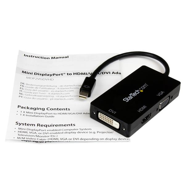 StarTech.com MDP2VGDVHD videokabel adapter 0,15 m Mini DisplayPort DVI-D + VGA (D-Sub) + HDMI Sort