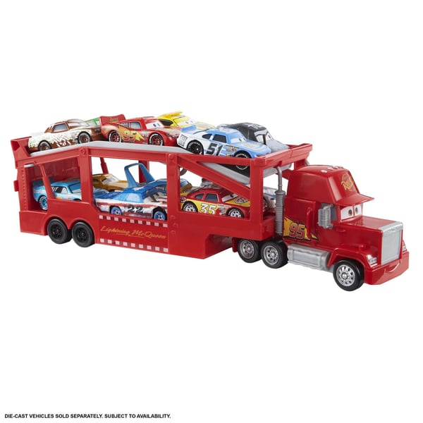 Disney Pixar Cars Långtradaren Mack från Disney och Pixars Bilar med ramp, 33 cm förvaring för 12 bilar