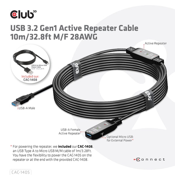 CLUB3D CAC-1405 USB-kaapeli USB 3.2 Gen 2 (3.1 Gen 2) 10 m USB A 5 Gbit/s Musta