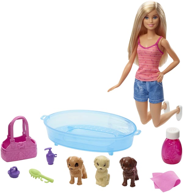 Barbie Barbie-dukke, lyshåret og legesæt med 3 hundehvalpe, badekar og tilbehør