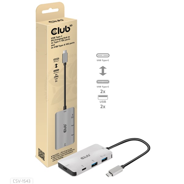 CLUB3D CSV-1543 gränssnittshubbar USB 3.2 Gen 2 (3.1 Gen 2) Type-C 10000 Mbit/s Svart, Silver
