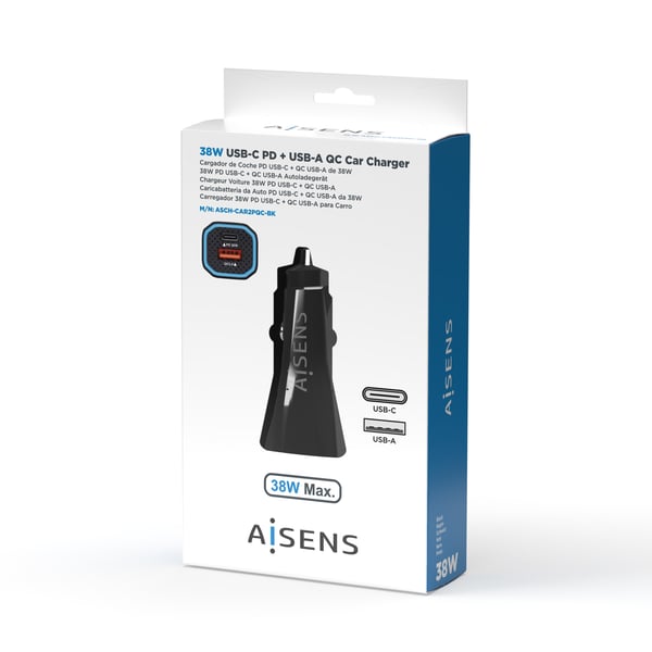 AISENS ASCH-CAR2PQC-BK oplader til mobil enhed Universel Sort Cigartænder Hurtig opladning Automatisk