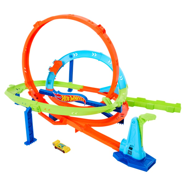 Hot Wheels Action Loop Cyclone Challenge-banset med leksaksbil i skala 1:64, enkel förvaring
