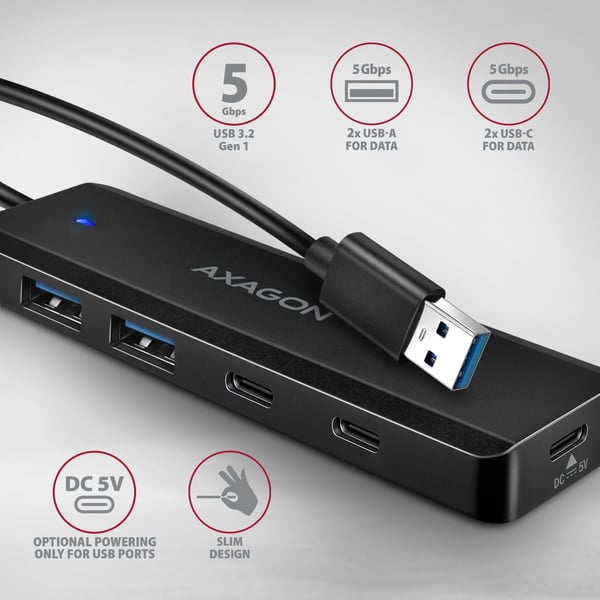 Axagon HUE-C2A gränssnittshubbar USB 3.2 Gen 1 (3.1 Gen 1) Type-A 5000 Mbit/s Svart