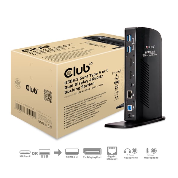 CLUB3D USB3.2 Gen1 Type A or C Dual Display 4K60Hz Docking Station CLUB3D USB3.2 Gen1 Type A or C Dual Display 4K60Hz Docking Station