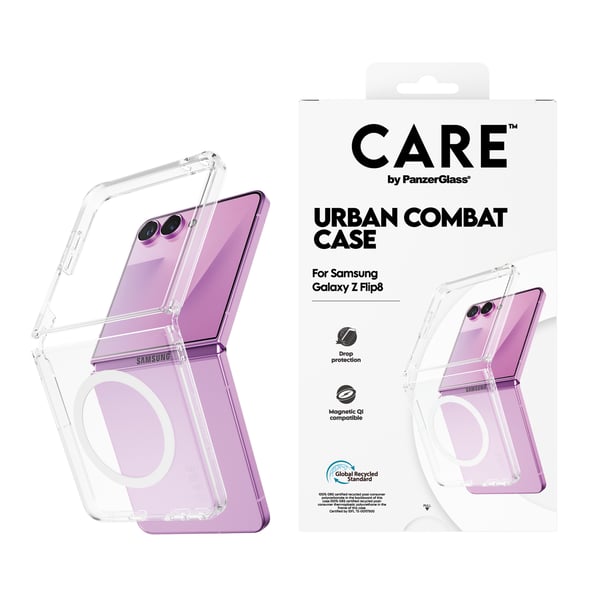 PanzerGlass CARE™ by ® Urban Combat Case Transparent w. White Qi Samsung Galaxy Z Flip7 | Z Flip8 mobiltelefonfodral Mobilskal
