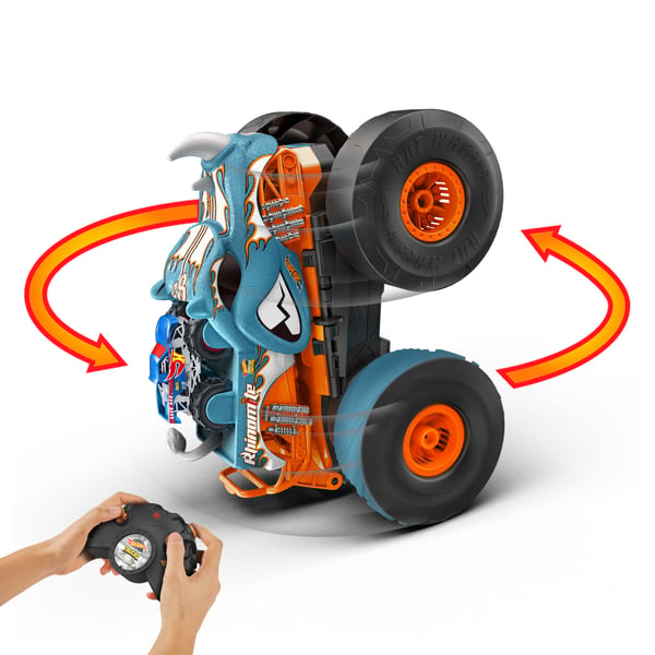 Hot Wheels Monster Trucks HW Transforming Rhinomite RC i skala 1:12 med leksaksbil i skala 1:64