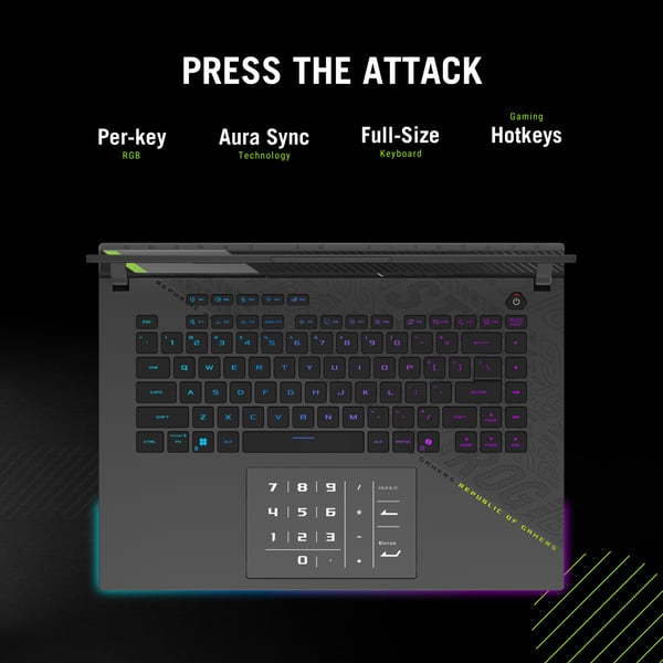 ASUS ROG Strix G16 G614FR-S5252W AMD Ryzen™ 9 9955HX Laptop 40,6 cm (16") WQXGA 16 GB DDR5-SDRAM 1 TB SSD NVIDIA GeForce RTX 5070 Ti Wi-Fi 6E (802.11ax) Windows 11 Home Grøn, Grå QWERTY Hollandsk